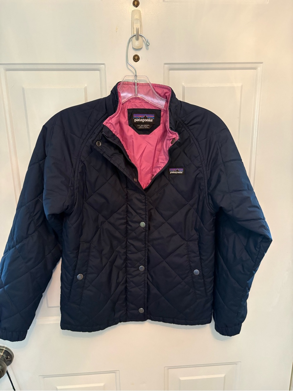 Patagonia Quilted Jacket in Navy with Pink Lining